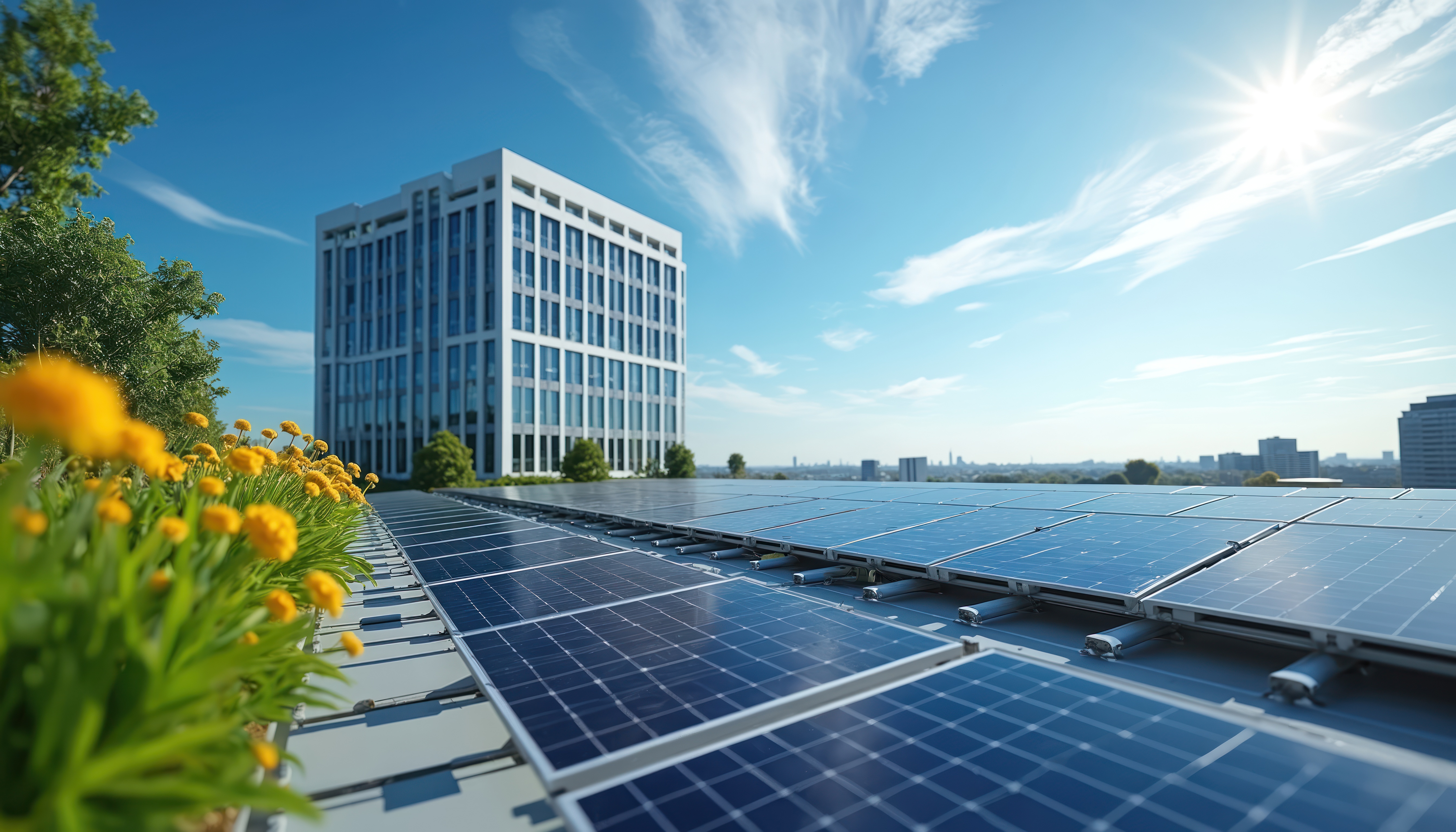 Commercial solar panel array on a modern building