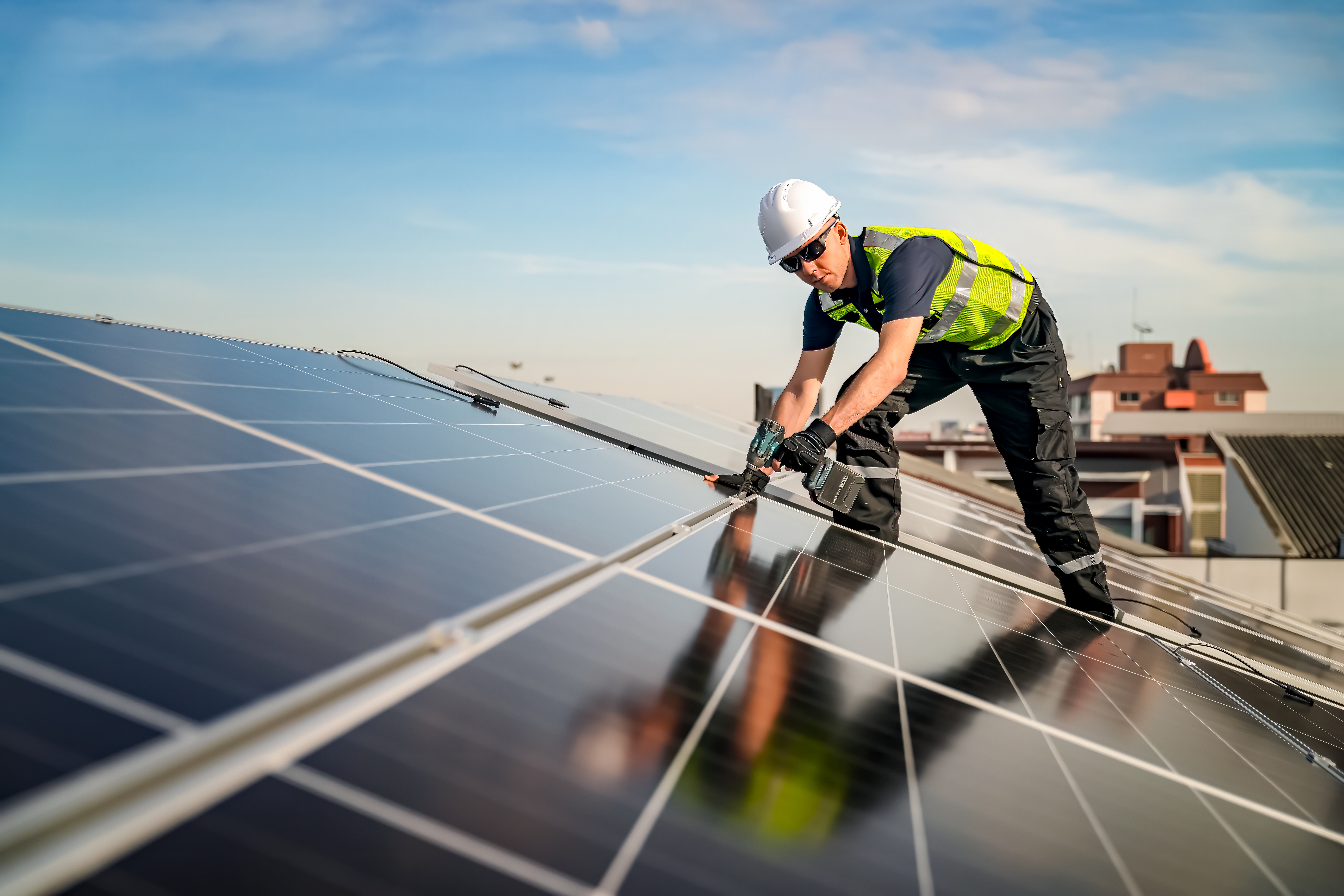 Solar panel installer working on a residential roof